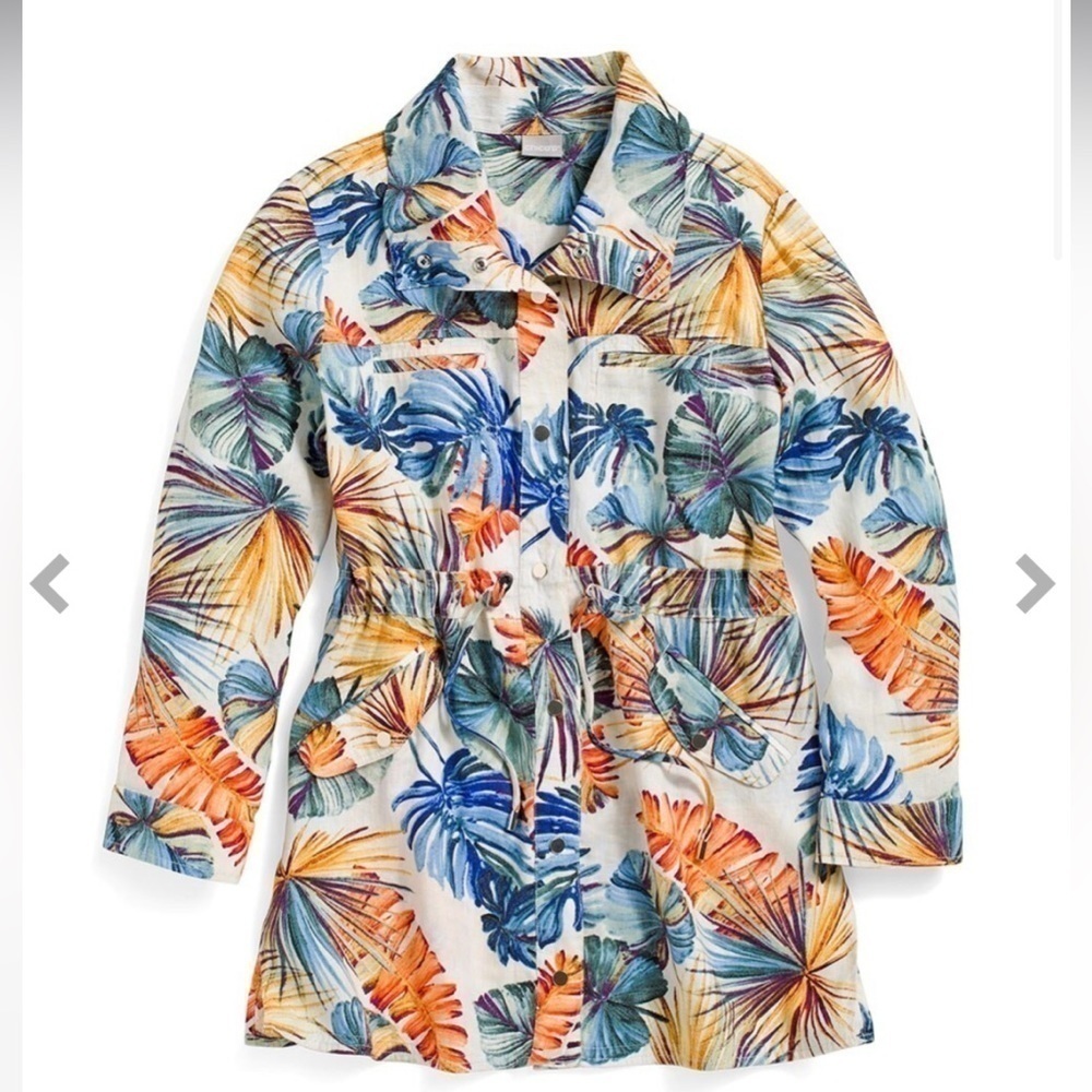 LINEN TROPICAL PRINT UTILITY LIGHTWEIGHT JACKET SIZE LARGE EUC